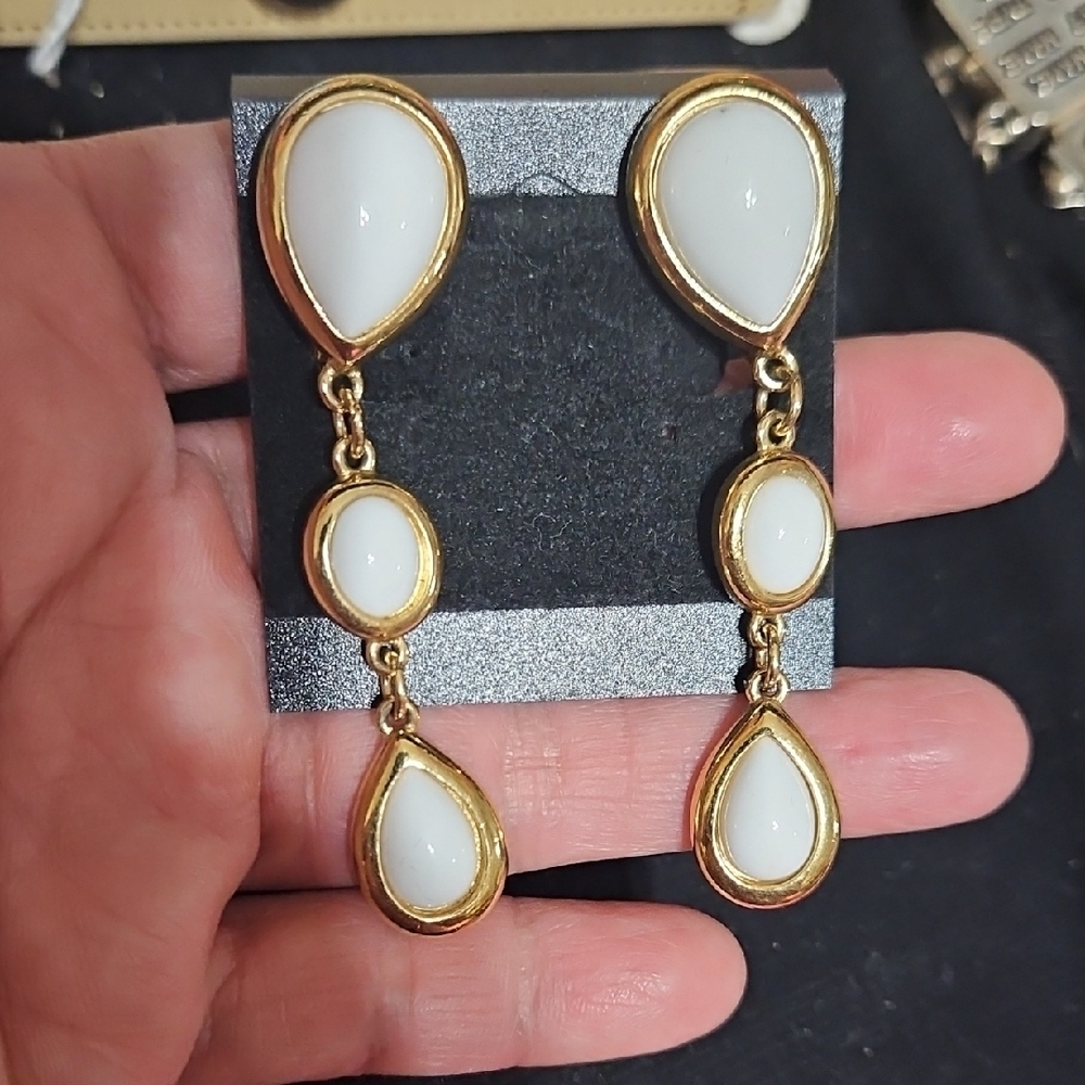 Trifari Gold and White Teardrop Earrings